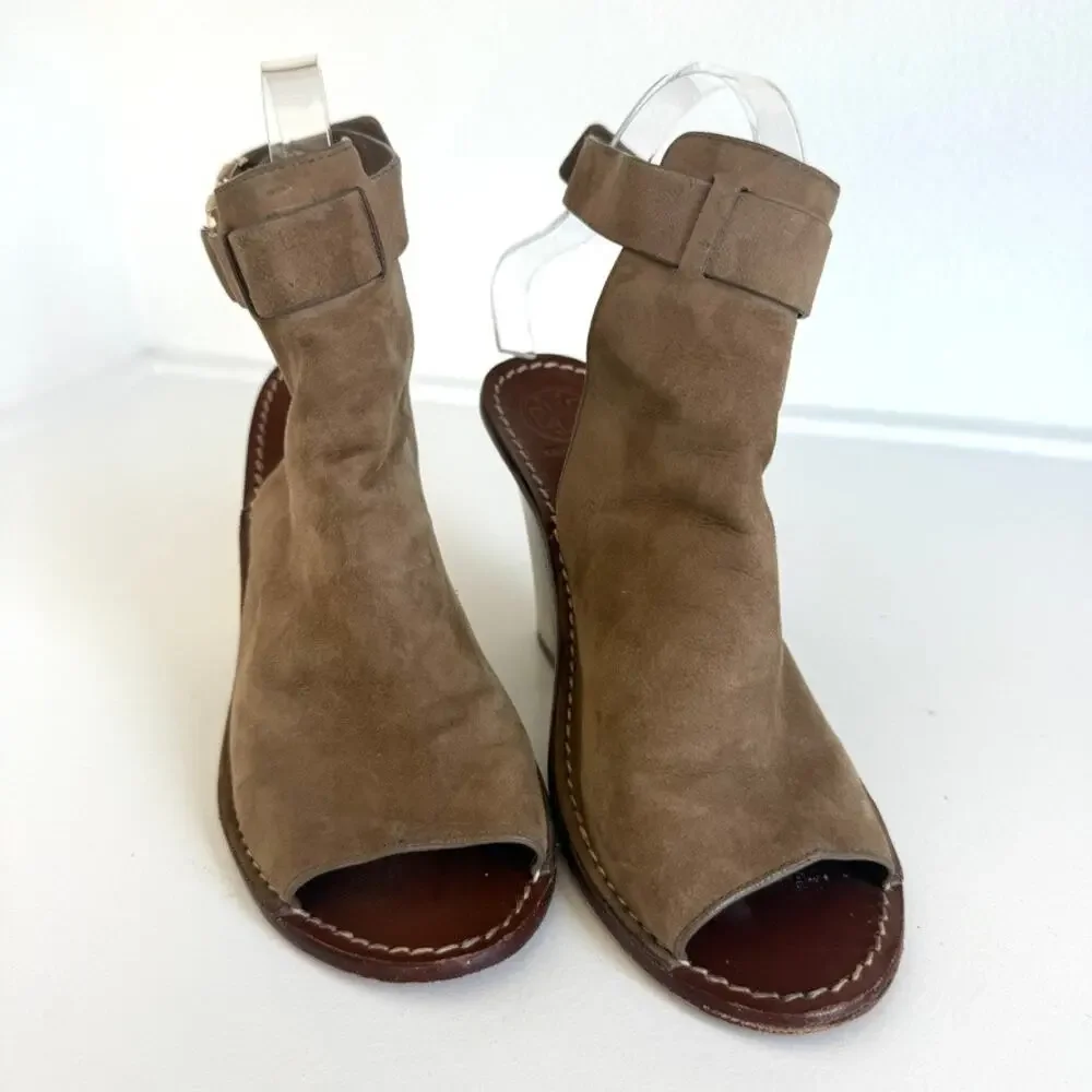 Tory Burch Gemini‎ Link Sandals Taupe Suede Block Heel Peep Toe Designer 7.5